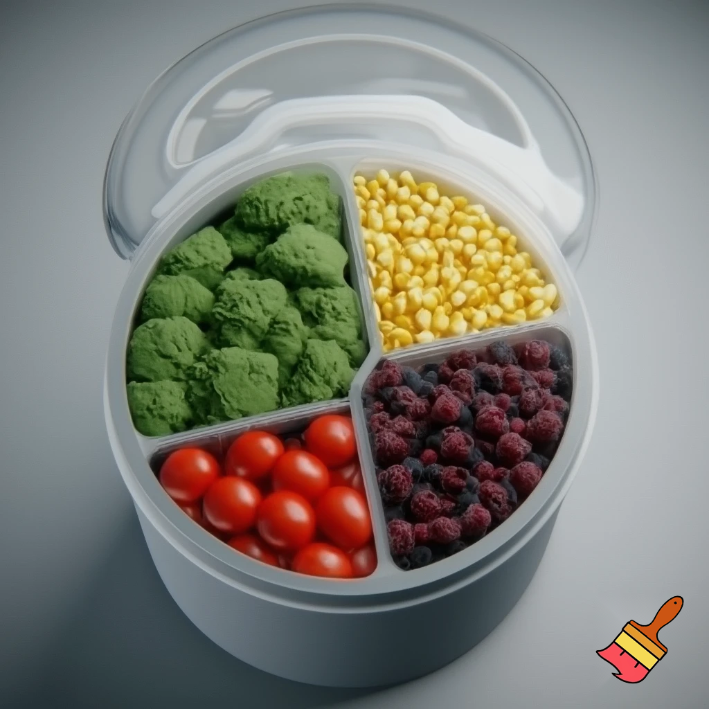 make a cylindrical food storage that has a handle ontop and has 4 sections holing different food
