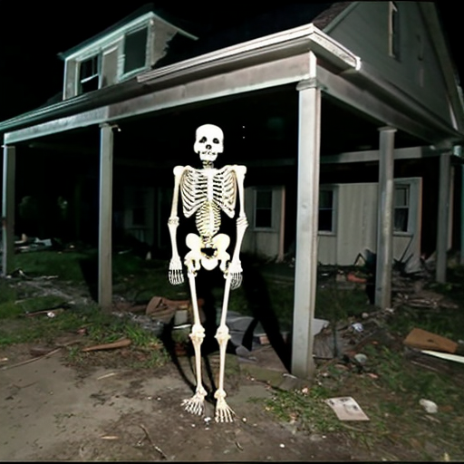 black skeleton standing outside an abandonded house, found footage quality, at midnight