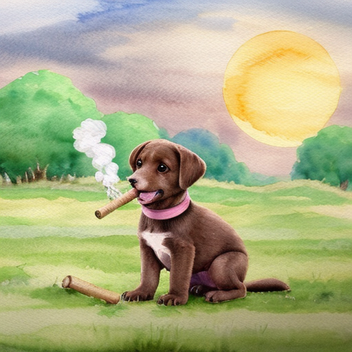 Roztomilé celé hnědé štěně drží v tlamě klacek, z kterého se na konci kouří, stojí proti zapadajícímu slunci, kolem louka a les. Kouř tvoří jemný obláček. Pohádková ilustrace, měkké světlo, dětský akvarel, hravá atmosféra.
