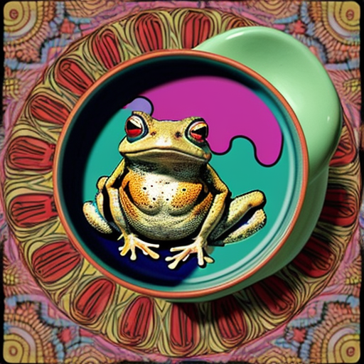 A hillarious, funny boho toad with some hippie colored coffee cups. Psychedelic decorated background.