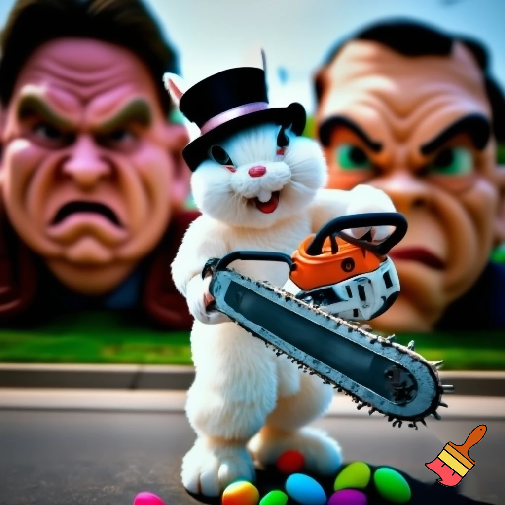 Easter bunny with a chainsaw with a top hat mascot costume go to naughty people angry Easter bunny