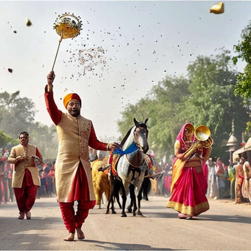 A grand Indian wedding procession called 'Aloo ki Barat' in a vibrant Disney Pixar animated style. A handsome groom potato (Aloo) wearing a golden sherwani and a turban with a feather, sitting proudly on a decorated white horse. A brass band of other potatoes playing trumpets and drums. Dancing potatoes and smiling onions and tomatoes in colorful Indian attire. Confetti falling from bright houses. Intricate details, warm lighting, ultra-wide shot, 8k resolution, cinematic lighting.