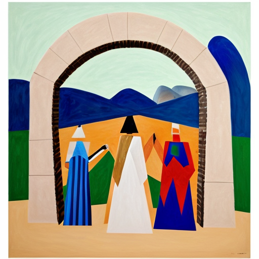 Paint the stones of a desert arch with multiple abstract figures in Tanguy and Matisse style