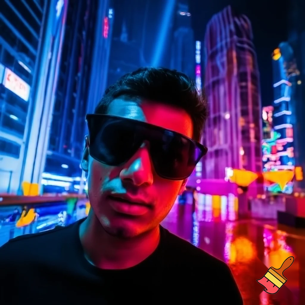 Usando esta foto como referência, gerar uma versão minha com rosto levemente tombado para o lado, usando óculos de sol escuros, em uma cidade futurista parecida com Dubai à noite, com luzes neon brilhantes, reflexos nas ruas molhadas, estilo realista cinematográfico, cores vibrantes, atmosfera futurista, detalhes de prédios modernos e luzes coloridas no céu.