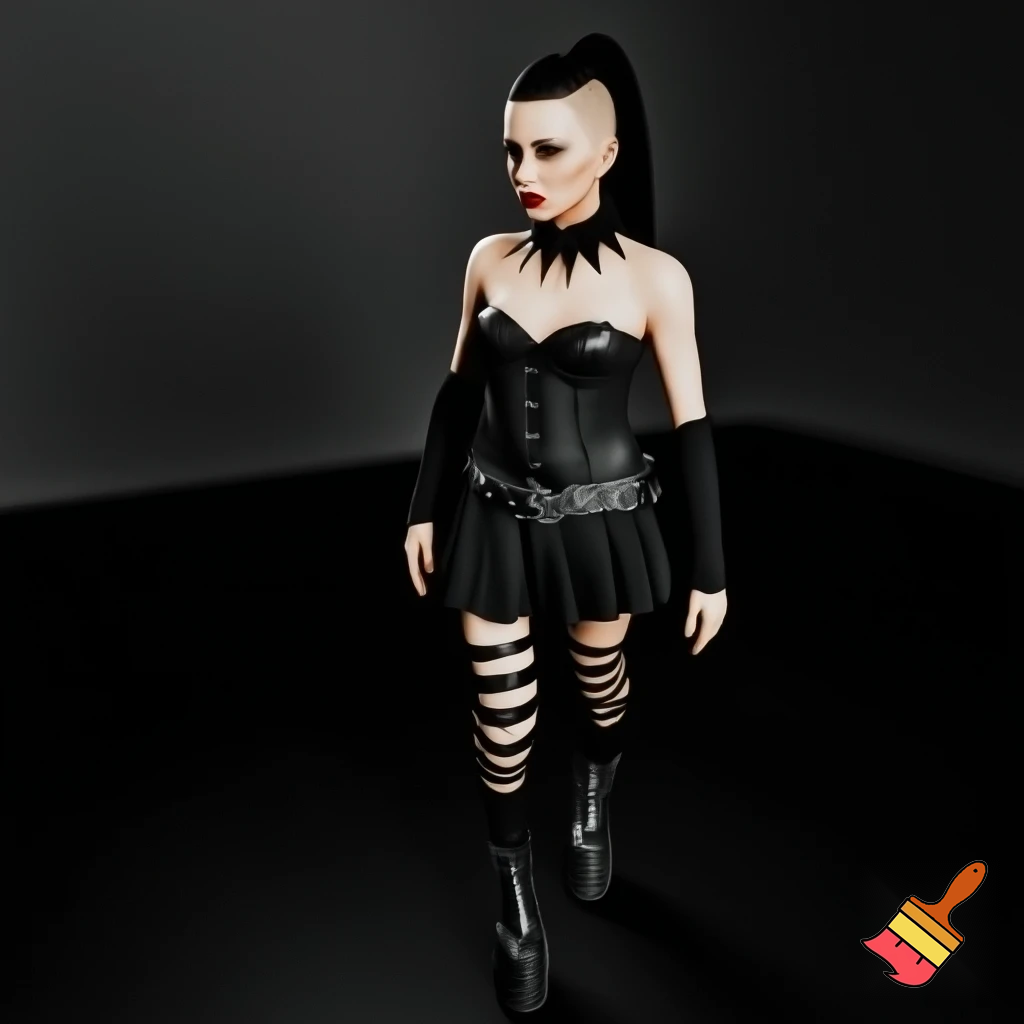 Attractive woman with an undercut in a ponytail and bold makeup wearing a spiked collar, arm warmers, a corset, a body belt, a pleated skirt, vertical striped stockings and platform boots 