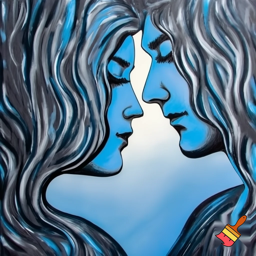 acrylic painting romantic couple man and woman with a long hair love blue and grey modern abstract
