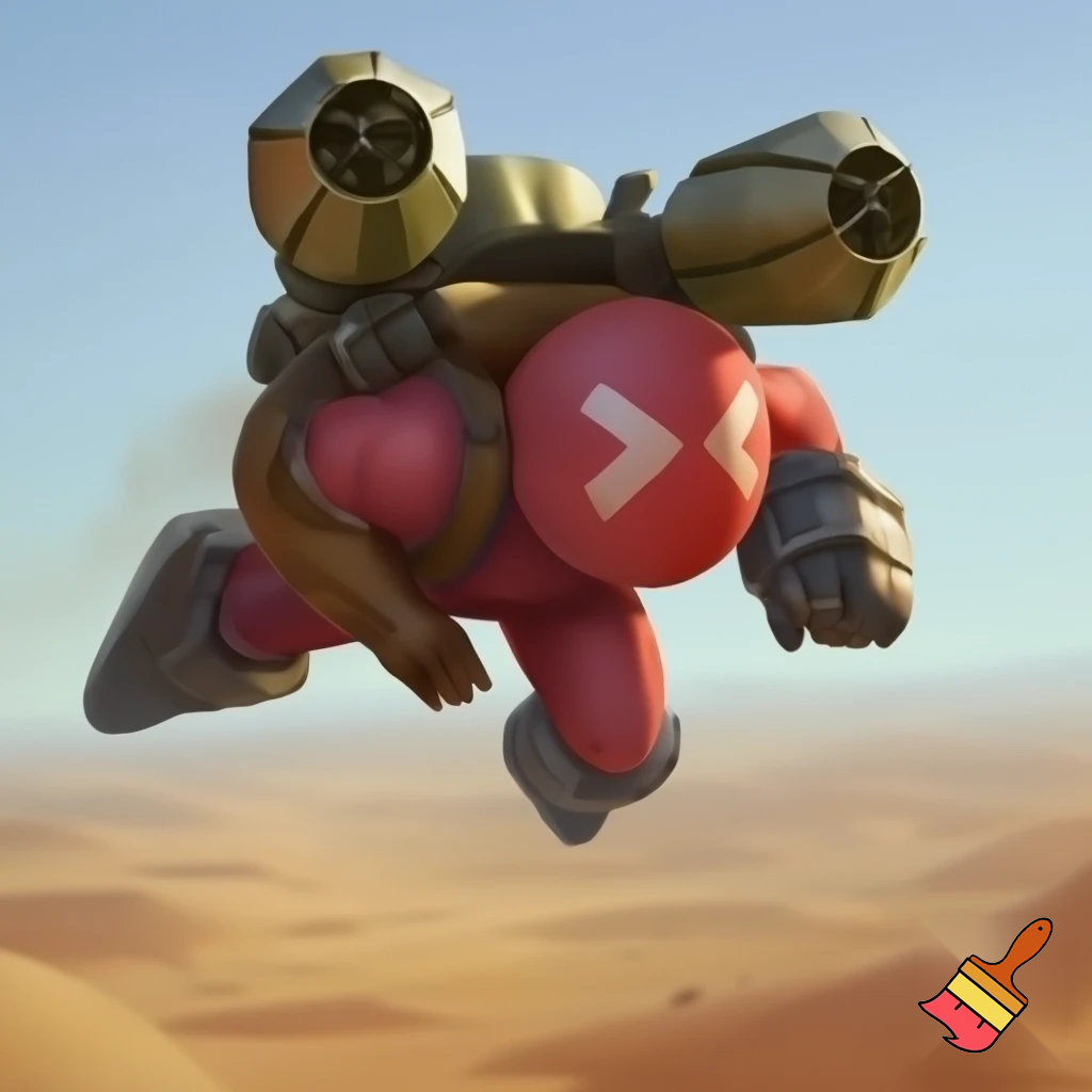 Character with light red skin and round head marked with an X on his face wearing headphones the character has armored pieces on the arms and legs two RPGs mounted on the shoulders and a backpack the character is depicted flying in a cool pose in desert