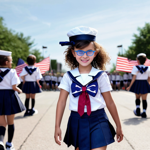 Cute adorable niña Chilindrina glasses con hair lazo curly con verano sailor uniforme escolar con zapatos negros escolar con calcetines blancos con sombrero sailor con grupal con caminar con desfile Estados Unidos América bandera con ciudad 51