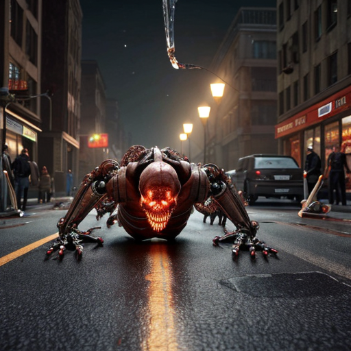 a rain-slicked city street at night, neon signs flickering through the haze as twisted biomechanical abominations shamble between overturned cars and shattered storefronts. These grotesque humanoid hybrids fuse pulsating organic tissue with rusted plating, their exposed muscle fibers writhing around hydraulic pistons, dripping blackened oil and viscera onto the cracked asphalt. Hazmat-suited figures scramble in the background, their glowing containment units casting an eerie green light on a bisected robot corpse—its still-twitching upper half dragging itself forward using torn intestinal cords as grappling hooks. Half-melted faces stretch across metal skull frames, jaws unhinging vertically to release guttural steam hisses as they clutch eviscerated human torsos like gruesome shopping bags. A towering construct with six spinal columns fused into a centipede-like tail crushes a streetlight underfoot, its dozen mismatched eyes reflecting the distant explosion ripping through the quarantine zone's barricades