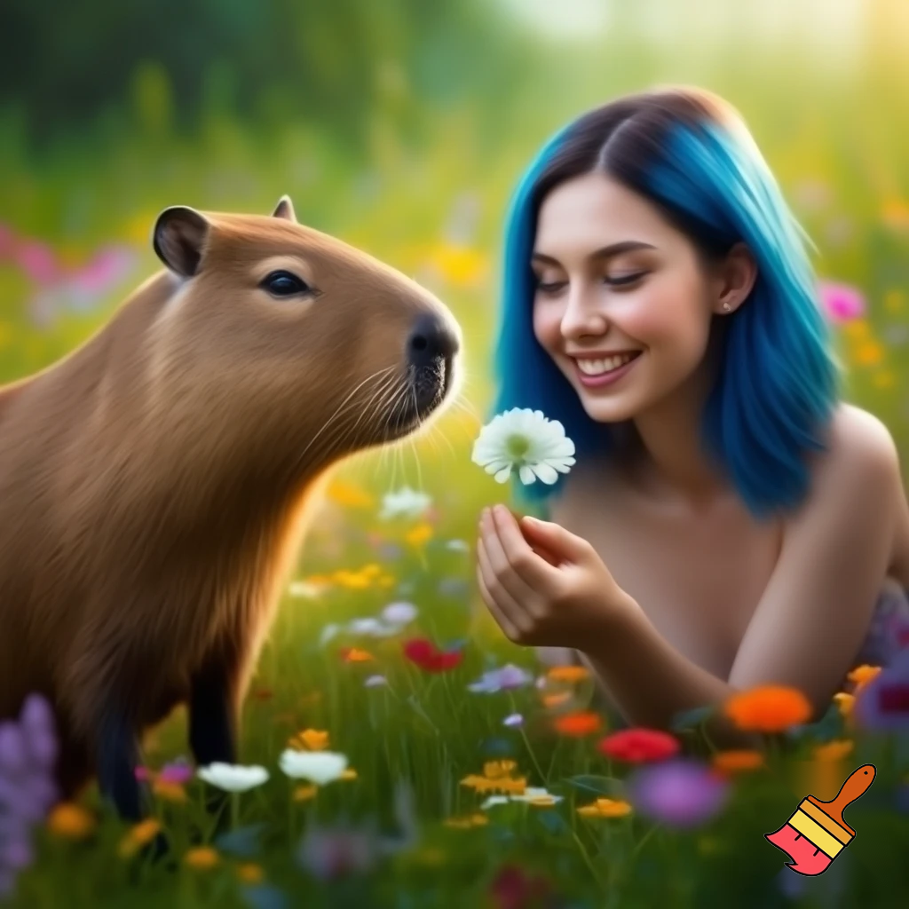 a girl in flowers with blue hair smileing holding a flower for the capybara