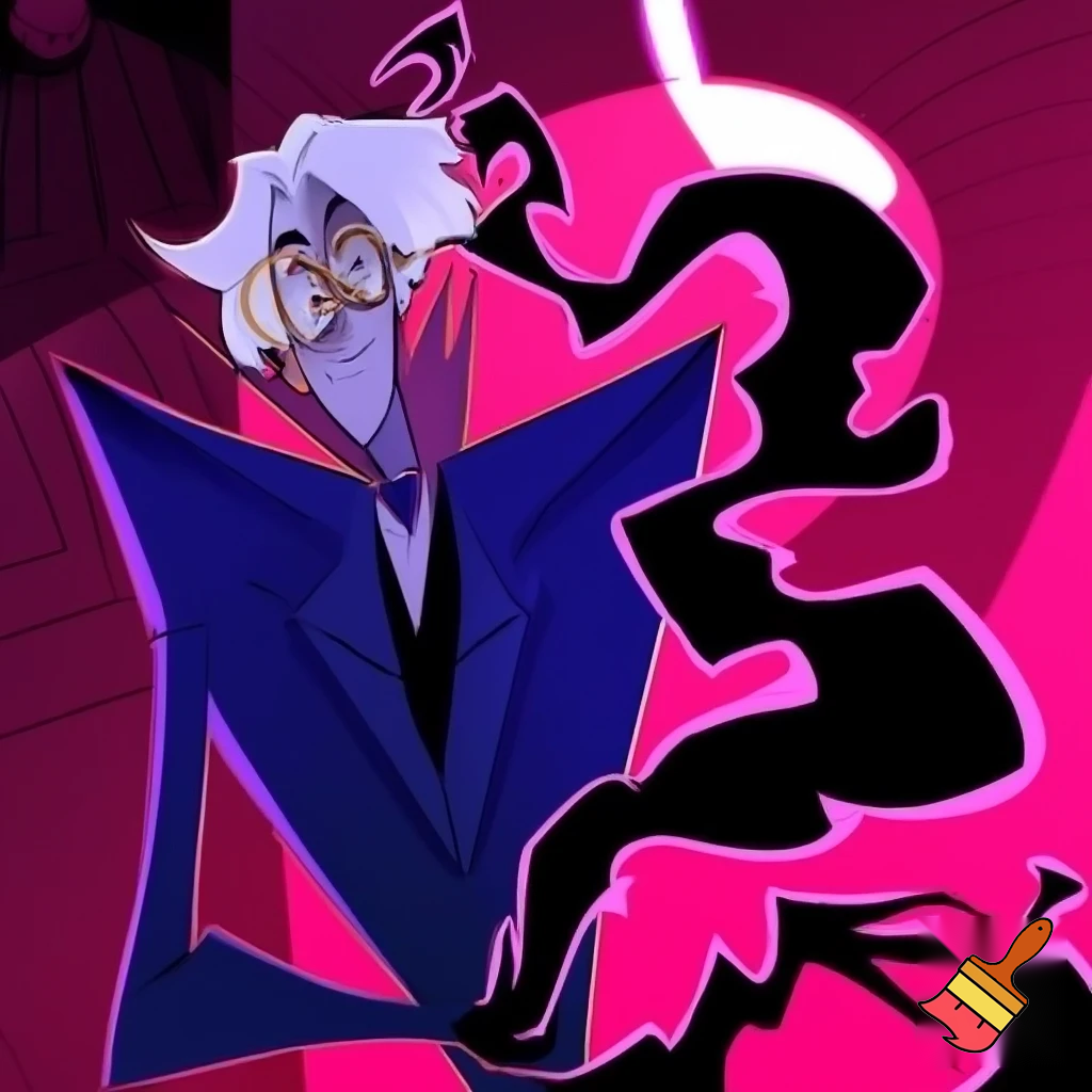 A tall, lean pale man with white hair, distinctive round brass glasses he has a stern look on his face. his face In cartoonish art style of hazbin hotel wearing his signature blue overcoat with black sinister smoke curling around him his hand reaching out, producing the black sinister smoke