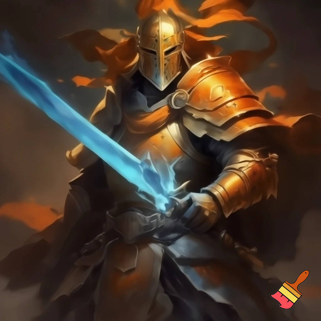 Golden orange paladin. Chinese style armor. Closed helmet. Dynamic stance. Glowing blue sword. High quality. In the style of dungeons and dragons.
