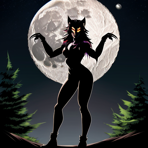 athletic female werewolf shifter. standing in front of the moon. dynamic pose. high quality. in the style of dungeons and dragons. detailed forest background.