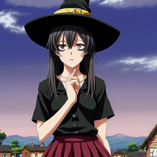 An anime witch girl with black hair, cute face, black eye. She have been abused until she only were a broken skirt left. She is naked with a lot of dâmge. She is 16 year old and height is 1,5m. She is tried to cover her skirt. The background is village with a lot of peopla