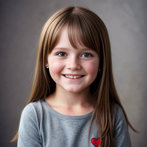 Swedish little girl, at age 5, brunette, straight hair, smiling