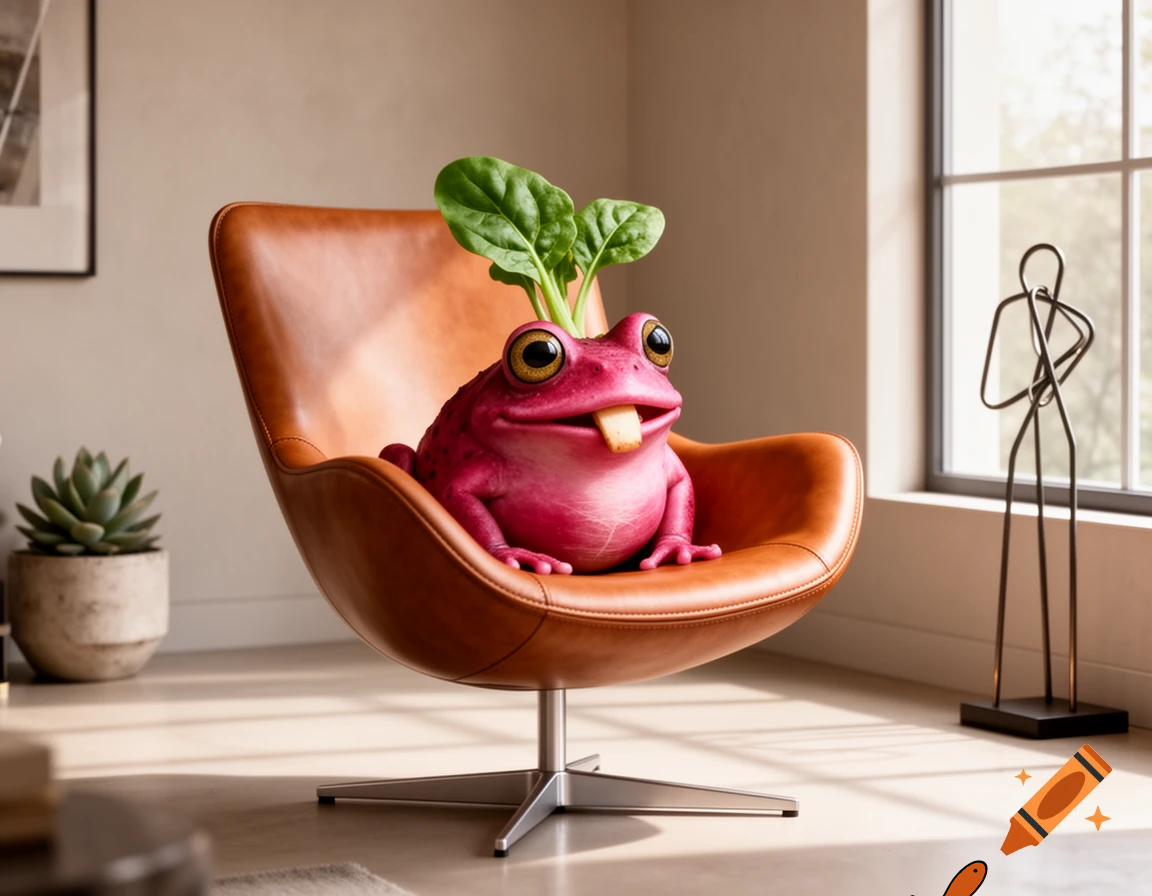 A funny radish vegetable toad sitting in a modern room chair.