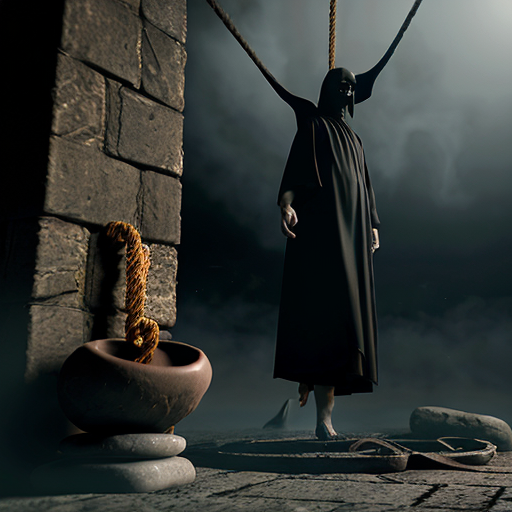 Photorealistic dark fantasy crypt. A gaunt, pale man in black robes stares at a fleshy, grotesque sack hanging from a rope. A winged, horned demon perches on a stone ledge behind him. Ruined stone floor with rubble, broken pots, and low-lying fog. Cinematic volumetric lighting, macabre gothic horror style, 8k resolution