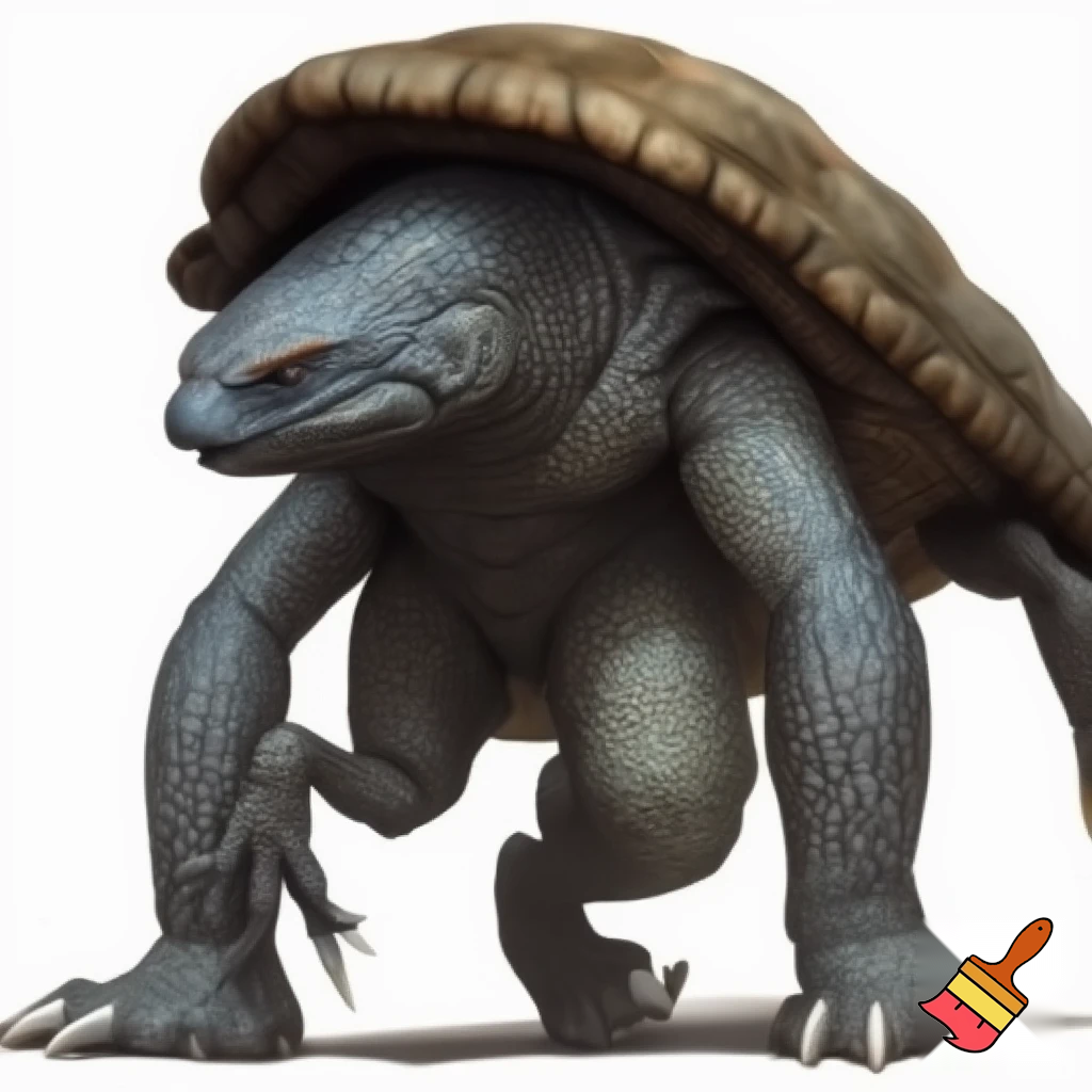 A tall humanoid leatherback turtle with webbed fingers 
