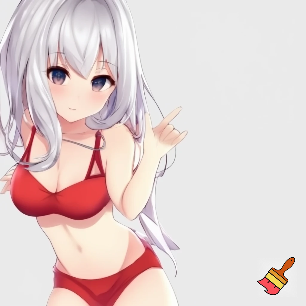 Anime girl 20 years old so cool and cute with red underwear clothes with white hair and her body is so white and shiny and do cool poses in white screen make it so anime and make it so cool and cute