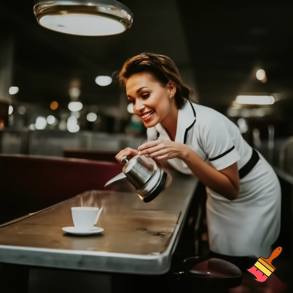 A small roadside diner. A beautiful waitress leans over to pour coffee into a customer's cup at a table. The waitress smiles. Photorealistic. 9x16