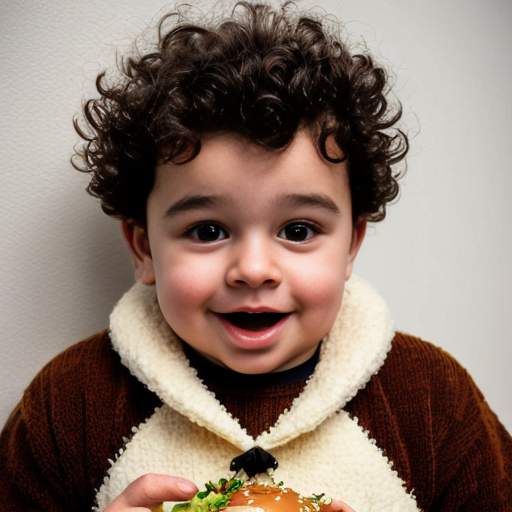 Barna tüskés kissé elvis kunkoros hajú minimálisan kövér fiú sárga tádzsik juh gyapjú puloverben nyak nélküli összeérnek szemei de van elválasztó hamburgert eszik és 2D-s legyen