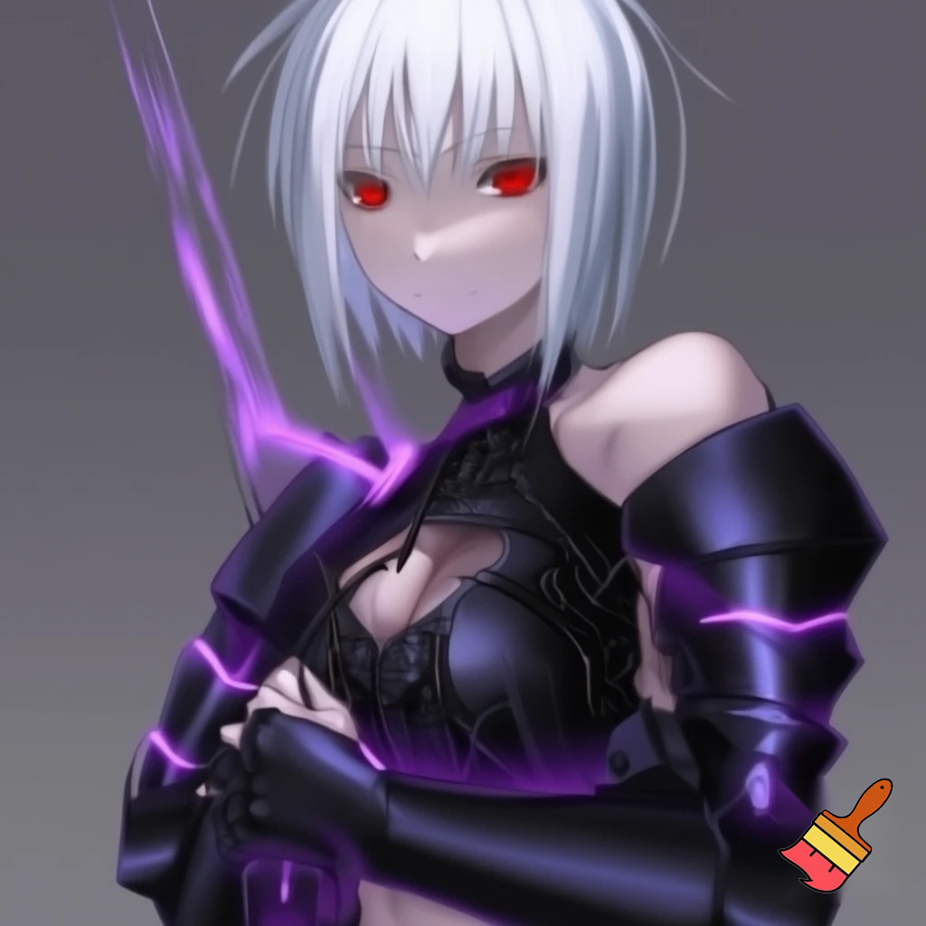 anime girl. red eyes. star in eye. white hair. short hair. serious face. big breast. her role is a warrior. her armor should be designed feminine. some parts should be naked. black armor. claymore in her both hands. claymore is black with purple light. her stance is serious. an scar on her breast. her breast is almost naked.