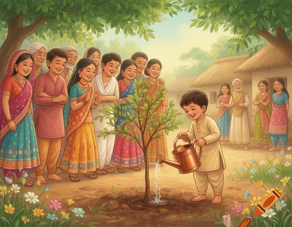 Village people smiling and laughing gently while watching a small boy water a tree, traditional Indian clothes, rural environment, friendly atmosphere, illustrated kids book style