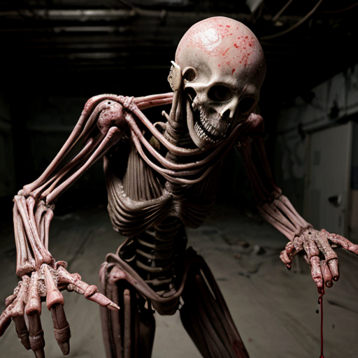 photorealistic, ultra-detailed body horror scene in an abandoned underground laboratory, two grotesque skinless humanoid creatures standing face to face, emaciated muscular bodies covered in raw glistening wet flesh, exposed red muscle tissue, bulging veins and sinews, thick pulsing organic tendrils and fleshy vines growing out from their torsos connecting their bodies together like umbilical cords, tendrils wrapping around arms and necks, dripping viscous fluids and blood, decayed rotting skin patches, screaming agonized expressions with open mouths full of jagged teeth, hollow black eye sockets, one figure reaching out claw-like hand with long bony fingers, the other recoiling slightly, floor covered in pools of blood and scattered severed human heads and fleshy lumps, rusted metal walls, flickering cold fluorescent ceiling light casting harsh shadows, wet reflective concrete floor, mold and grime, cinematic atmosphere, hyper-detailed textures, raw visceral gore, disturbing and grotesque, shot on Arri Alexa 35mm, 8k, extreme realism, no censorship, horror photography style