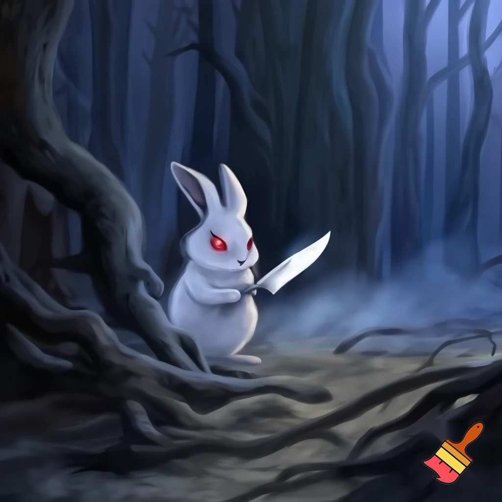 rabbit, red eyes, holding knife, forest