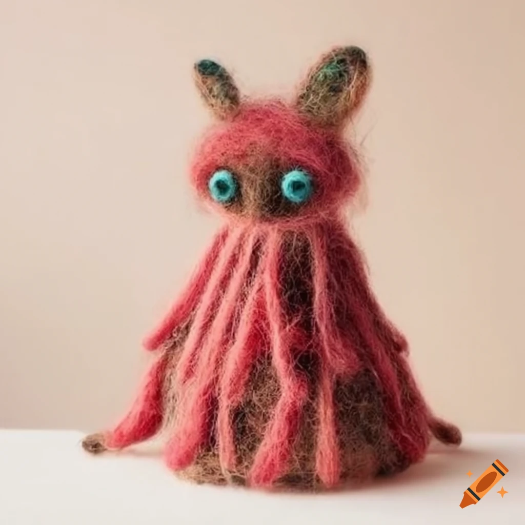 Felted wool creatures wearing intricate fashionable clothing