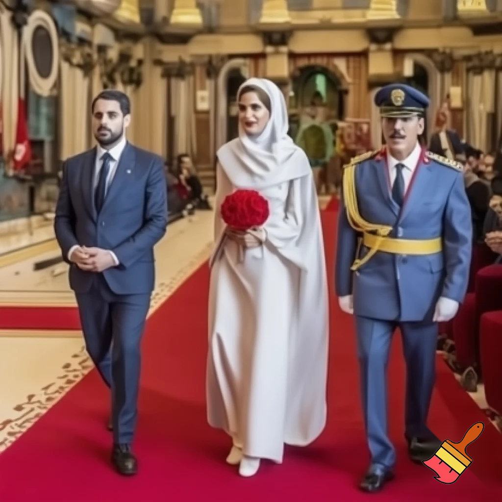 arab princess walking down the aisle next to her soon to be husband side view looking sad sketch