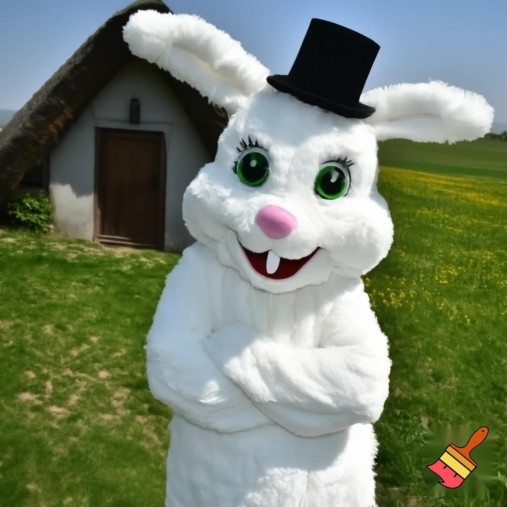 Easter bunny mascot top hat costume his house
