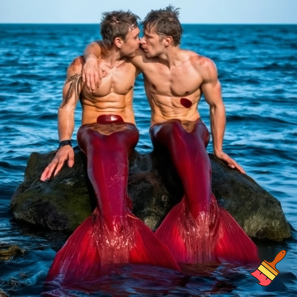 Outdoor photo of realistic shot of two caucasian mermen sitting together on a rock in the middle of the ocean, with one merman having his arm around the other. Their bodies are toned and muscular, with narrow waists and wide shoulders. They have short wet and messy hair. Their bodies are dripping wet. Their waists merge seamlessly into long, deep scarlet fish tails with large frilly fins. They are looking into each others eyes. They are kissing and touching each others chests