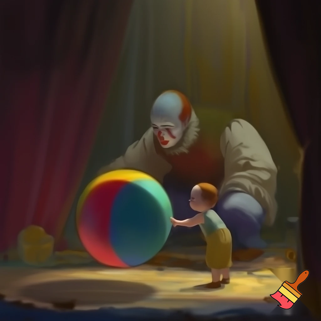  A child gives a sad circus clown a ball.