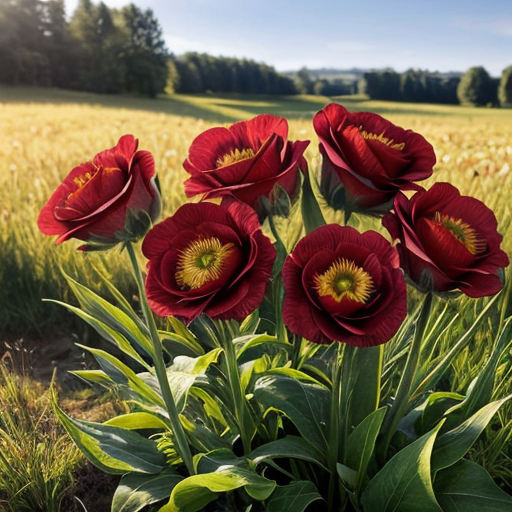 red flowers in a sunny meadow, photorealistic