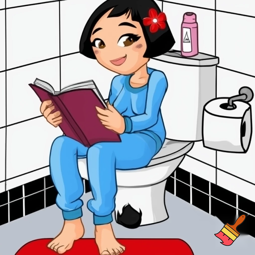 Chinese teenage girl, brown eyes, small sized breasts, black Bob haircut, mascara on her eyelashes, red flower in her hair, wearing blue long sleeved pajamas, pajama pants pulled down and around her ankles, bottomless, barefoot, sitting on a toilet, smiling with her mouth closed and reading a book with burgundy cover, white tiled walls with black half border tile, pale grey flooring, red bath mat on the floor in front of the toilet, toilet paper in a toilet paper holder on the right hand side of the image, pale pink air freshener canister standing on the toilet cistern behind her, black pubic hair on her crotch.