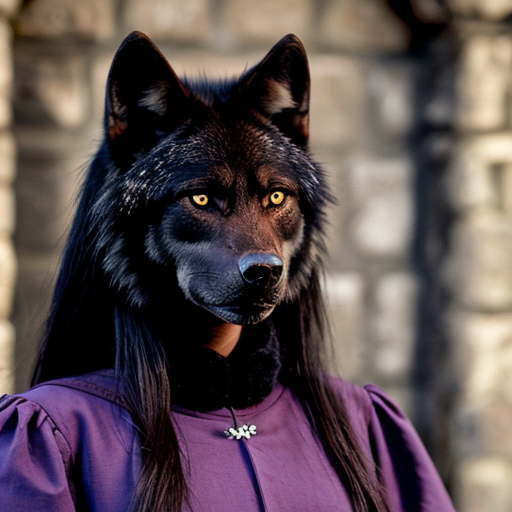 Female black wolf with long pretty black hair and purple eyes, wearing brown medieval clothes 