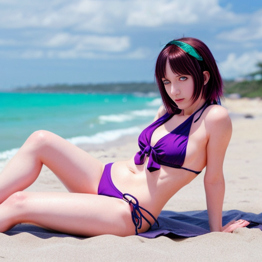 tall shiki ichinose idolmaster anime series blue eyes faded red wine hair+purple unbuttoned shirt+emerald beach bikini+resting on beach+medium distance zoomed-anime girl