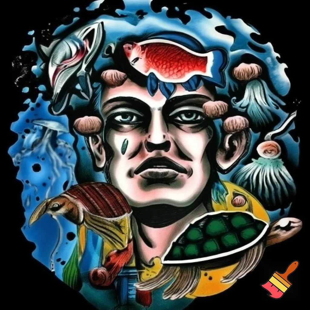 eo-school tattoo style underwater scene, bold black line art, dynamic perspective, vibrant and saturated colors, expressive marine life (fish, turtles, jellyfish) interacting with floating plastic and trash, dramatic lighting with depth and motion, exaggerated cartoonish proportions, clear composition for tattoo placement, intricate details in water textures, playful yet symbolic depiction of ocean pollution, background with waves and subtle bubbles, balanced negative space for tattoo readability, high contrast, sharp outlines