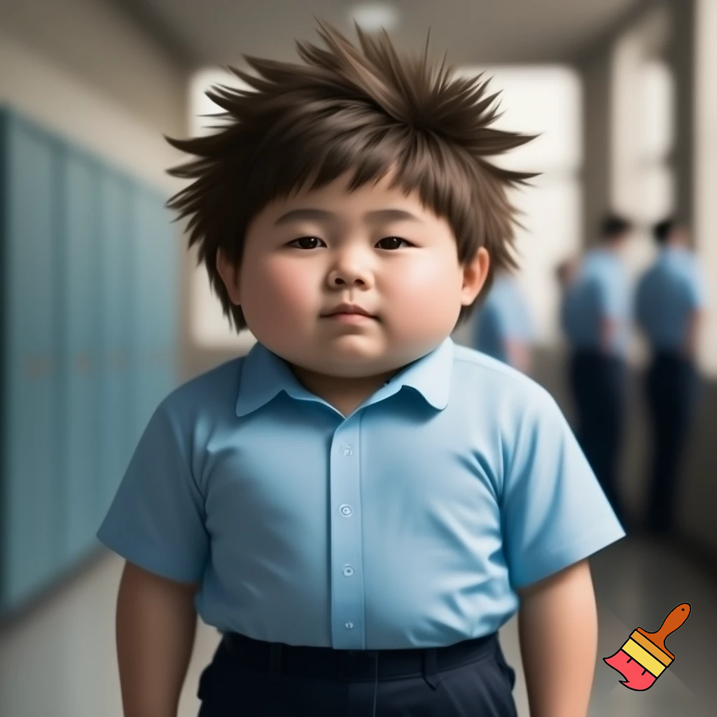 A teenager boy with haircut spiky hair , chubby in school uniform 
