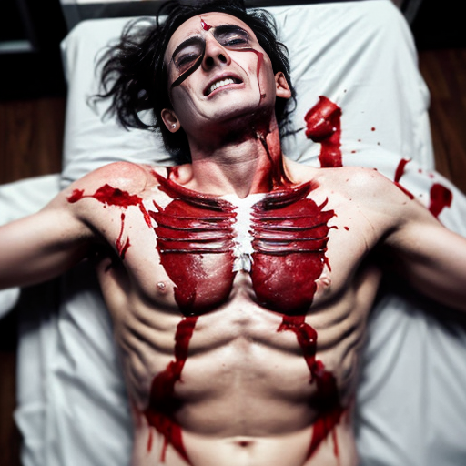 A corpse shirtless man, died, face are hiding by shirt with cut eye part (not eye human), eye closed, chest fully opened wounded circle on center and torn apart skin, blood everywhere. Gibs and ribs (from chest bone) everywhere and broke, organs piece by piece.