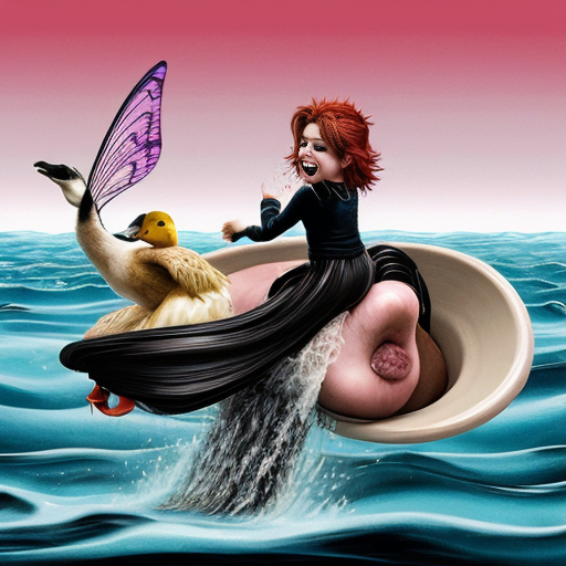 egy manó egy kacsa hátán lezuhan a tengerbe, és egy fekete hajú tündér és a vörös hajú tündér megölik egymást. Szürreális, túlzó arányok, humoros, kaotikus képregény-hatás, élénk színek, dinamikus vizuális részletek.”