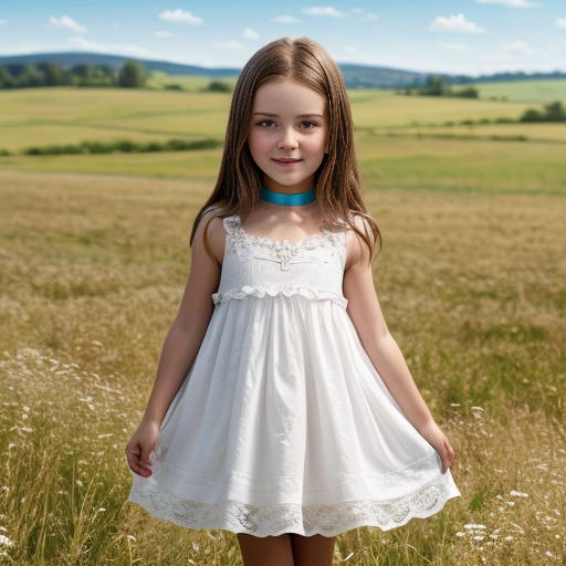 A young girl in a white dress in a sunny meadow