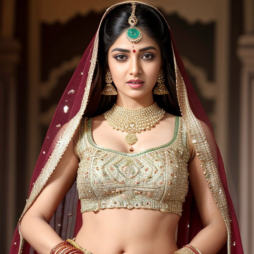 young woman, Bollywood retro style, wearing an elaborate traditional Indian dance costume. She has a highly embellished, fitted choli (blouse) that is cropped, revealing her midriff. The choli is a rich, warm golden-orange color, heavily adorned with intricate sequin work, beadwork, and embroidery, specifically featuring small, sparkling gold sequins creating a textured, shimmering effect across the entire surface. The sleeves are short, extending to just above the elbow, and are also fully embellished.
​She is wearing a matching, equally ornate lehenga (skirt), though only the top portion is visible. It has a visible gold border or waistband and appears to be made of a similar rich fabric with gold embellishments.
​Her head is covered with a dupatta/veil that is intricately draped and pinned, likely in a matching or complementary color, perhaps orange or red, with gold accents.
​She wears a distinctive and elaborate headpiece (maang tikka and matha patti) consisting of multiple strands of pearls or beads that frame her face and forehead, culminating in a central pendant. She has large, multi-layered gold necklaces and prominent earrings, typical of classical Indian jewelry. Her arms are adorned with gold bangles and possibly an armlet. The overall aesthetic is opulent, glittering, and designed for dynamic movement, reminiscent of classic Bollywood dance sequences from the 1980s