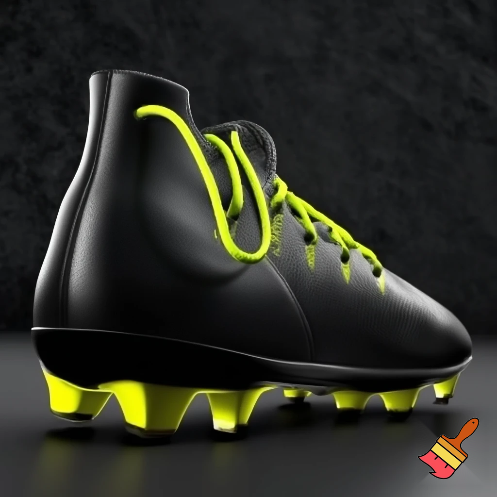  plain black soccer boot and with yellow laces and studs facing away from me
