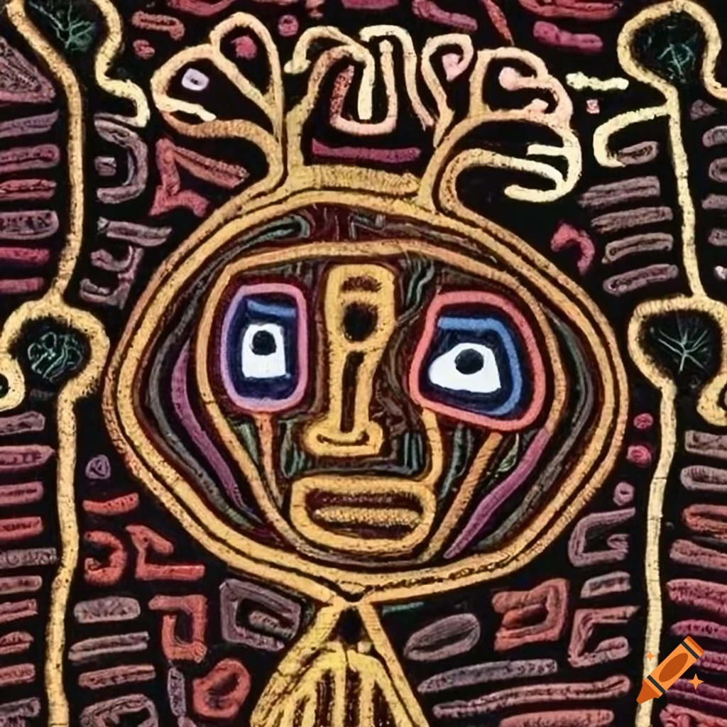 A mythical Kuna goddess with intricate vines on deep brown barkcloth