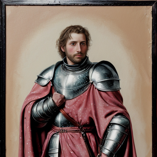 a weathered painting of a handsome knight, he is wearing a pink cloak with black spots