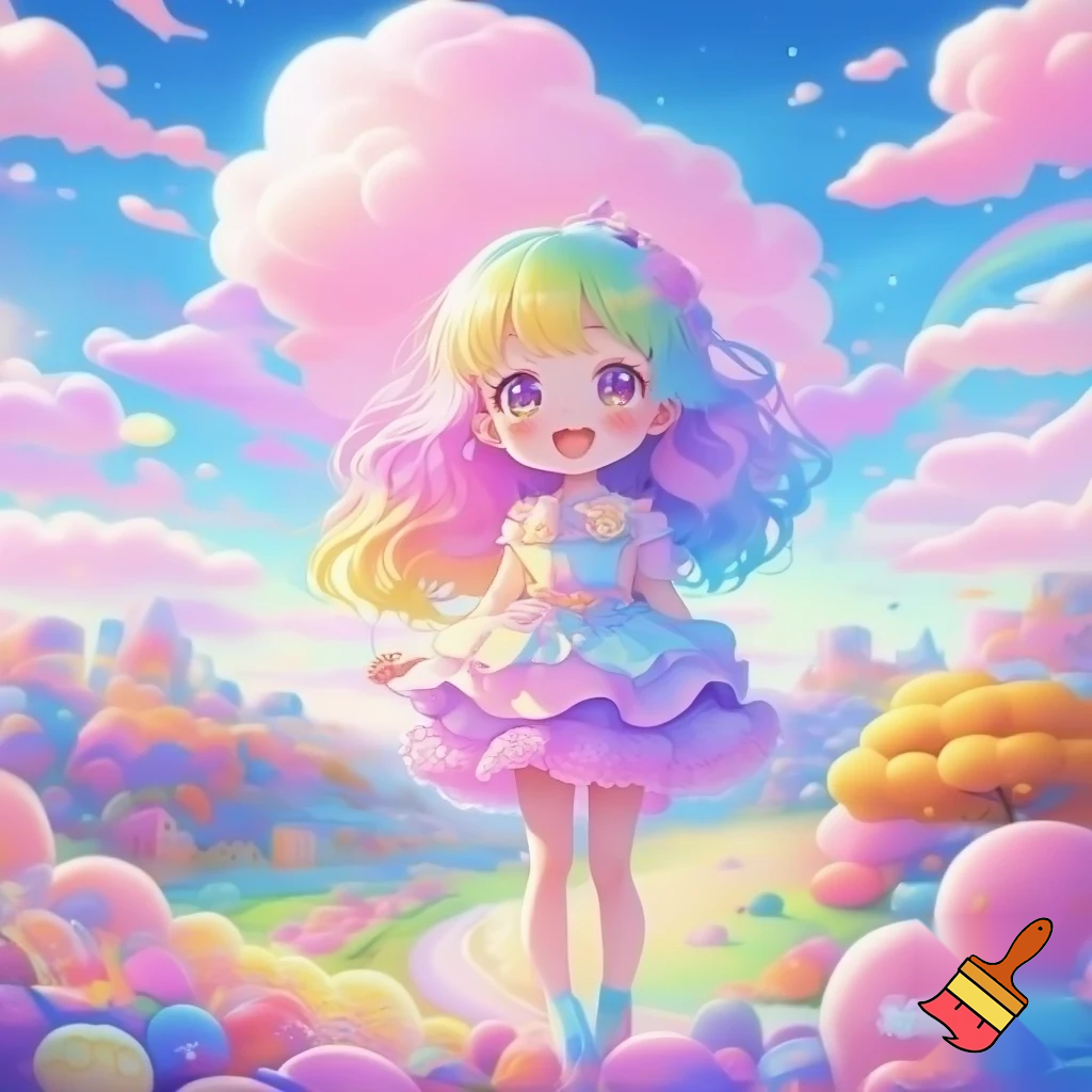 An anime girl with rainbow pastel hair and dress in a pastel kawaii land