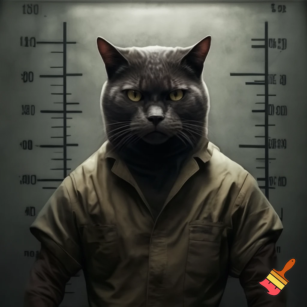evil, sinister, strong, cat in a police mugshot staring with dim lights jail suit