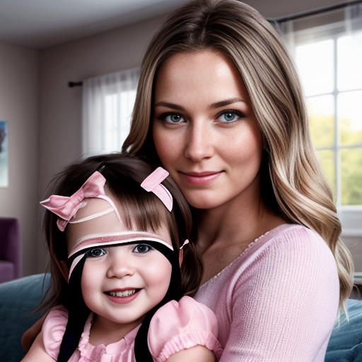 create a family photo of a 27 year old mother with dark blonde hair with blue eyes and her 2 year old daughter with blonde hair with blue eyes in pink at a house